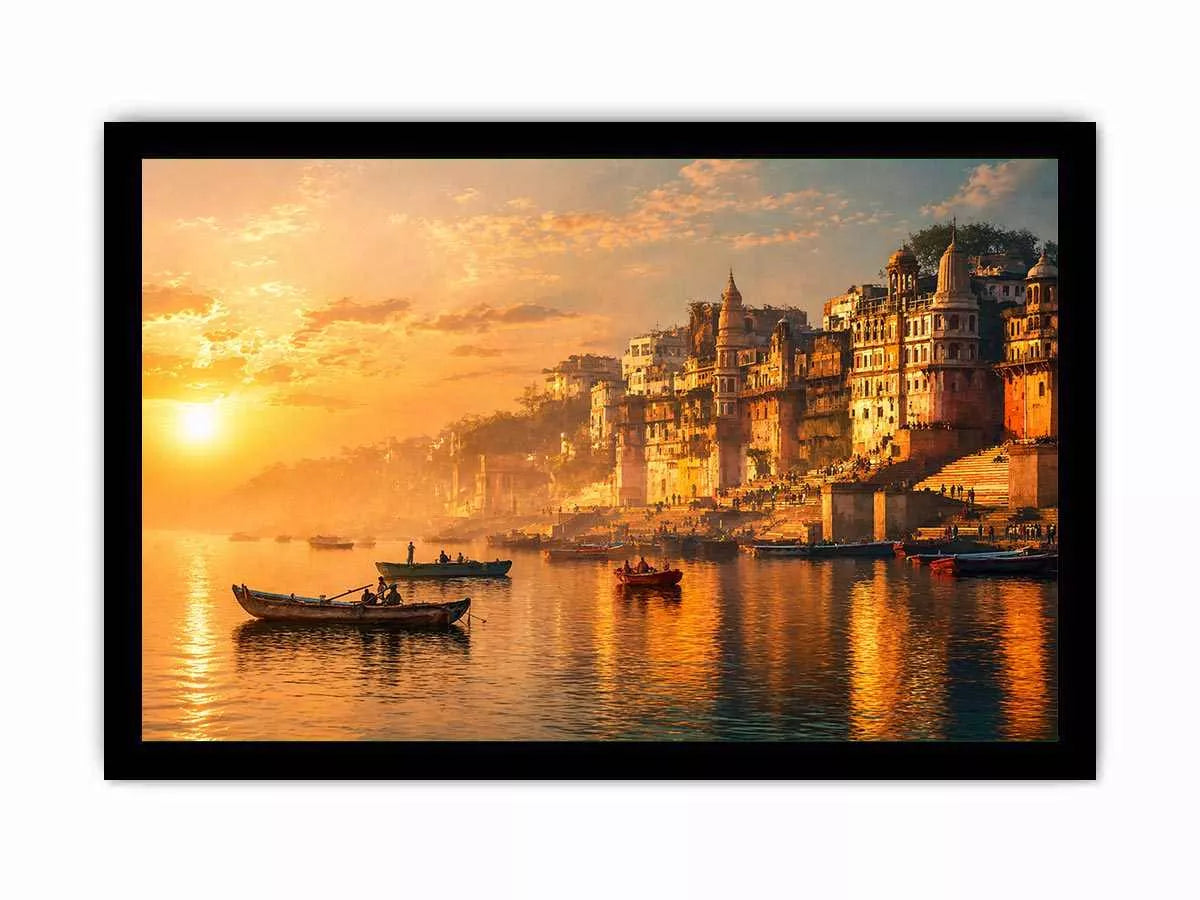 sunset and boat in the Ganga river varanasi india