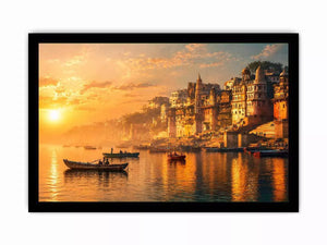 sunset and boat in the  Ganga river varanasi india