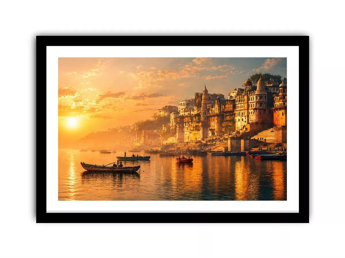 sunset and boat in the Ganga river varanasi india