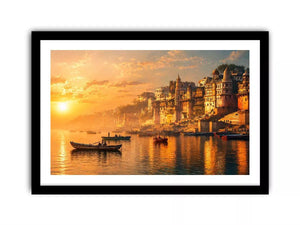 sunset and boat in the  Ganga river varanasi india