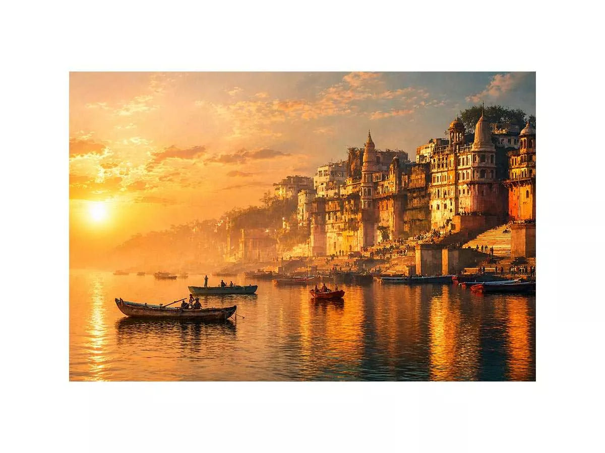sunset and boat in the Ganga river varanasi india
