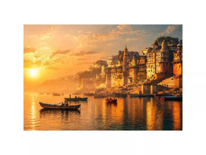sunset and boat in the  Ganga river varanasi india