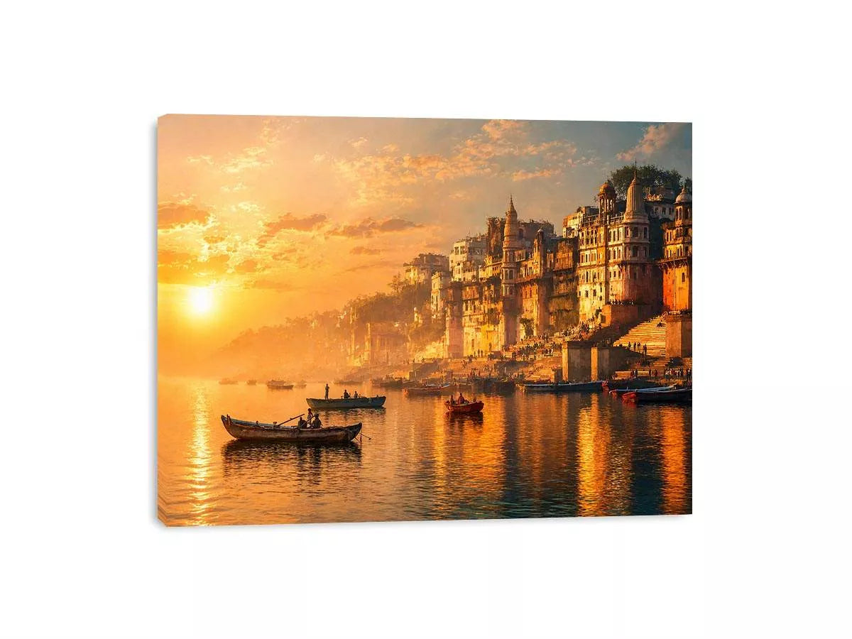 sunset and boat in the Ganga river varanasi india