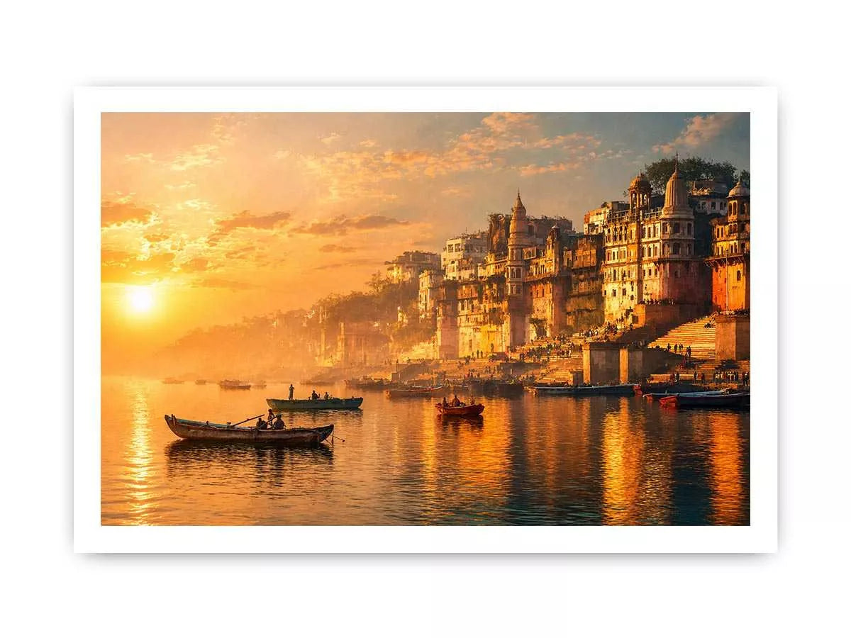 sunset and boat in the Ganga river varanasi india