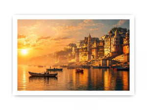 sunset and boat in the Ganga river varanasi india