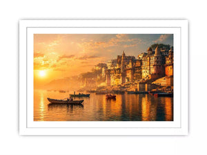 sunset and boat in the Ganga river varanasi india