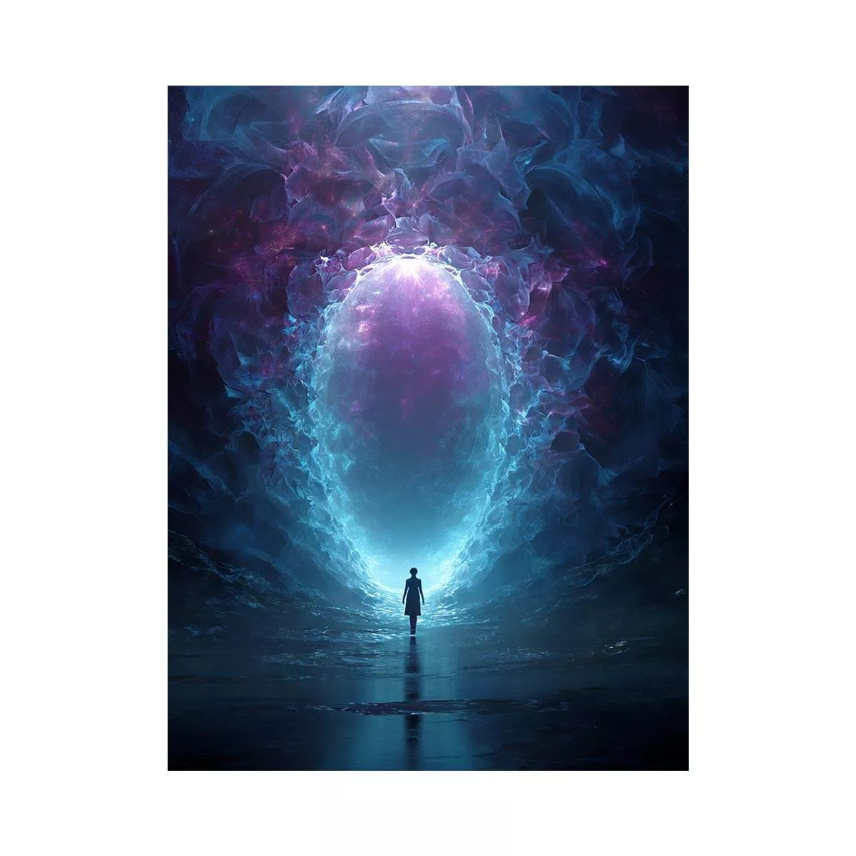 Surreal Cosmic Portal with Ethereal Light and Silhouette Figure – Sci-Fi Wall Art Canvas