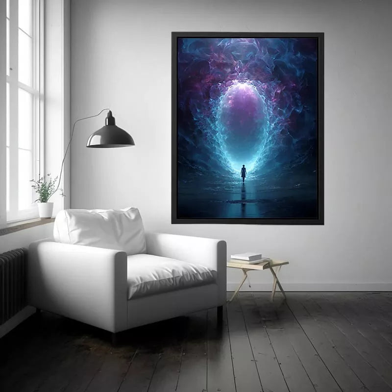 Surreal Cosmic Portal with Ethereal Light and Silhouette Figure – Sci Fi Canvas Print Canvas