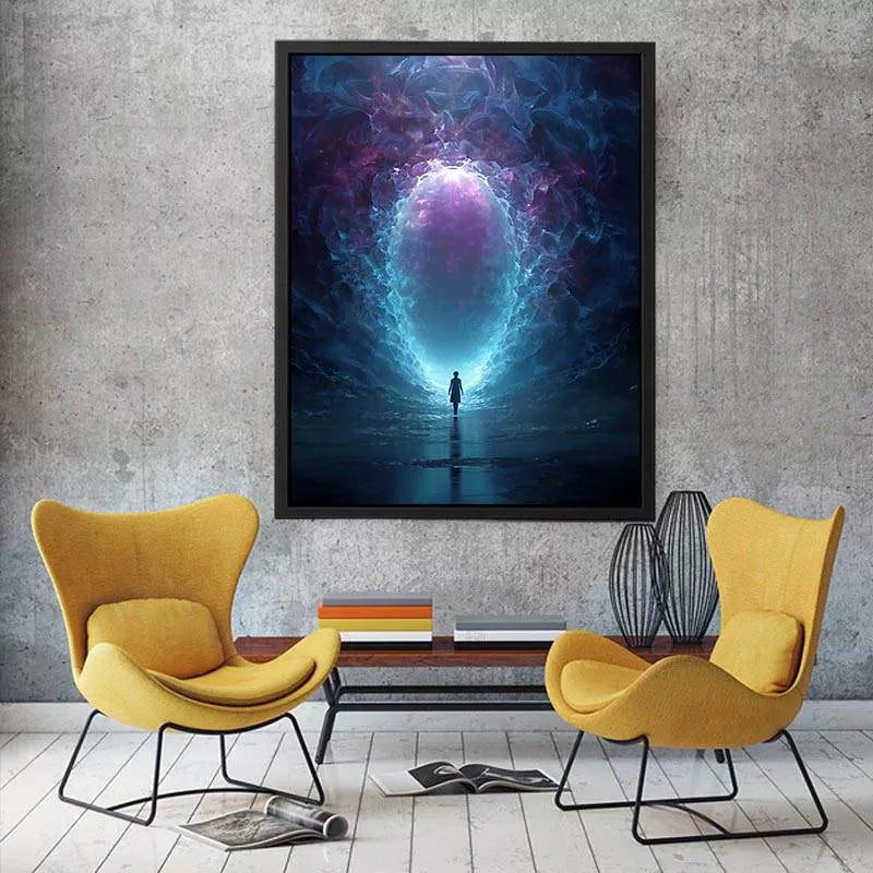 Surreal Cosmic Portal with Ethereal Light and Silhouette Figure – Sci Fi Canvas Print Canvas