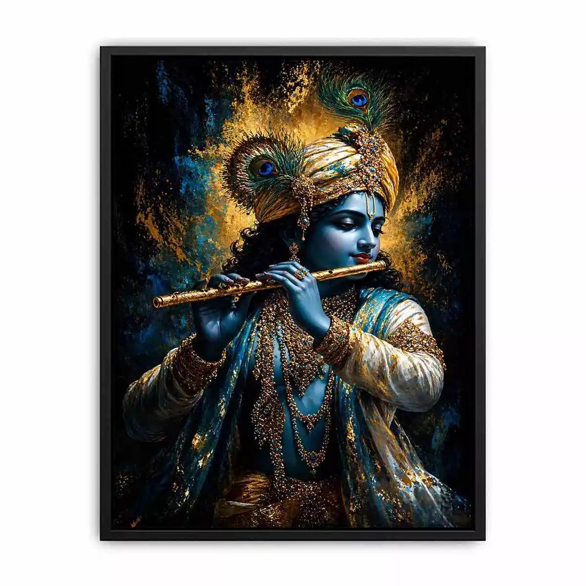 Classic Krishna Flute Portrait with Golden Ornament Detail – Spiritual Canvas Print Canvas