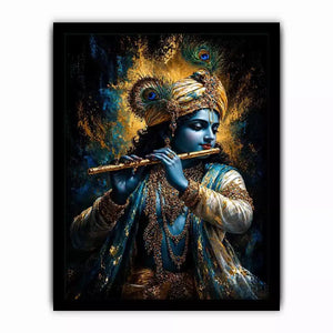 Classic Krishna Flute Portrait with Golden Ornament Detail – Spiritual Canvas Print Canvas