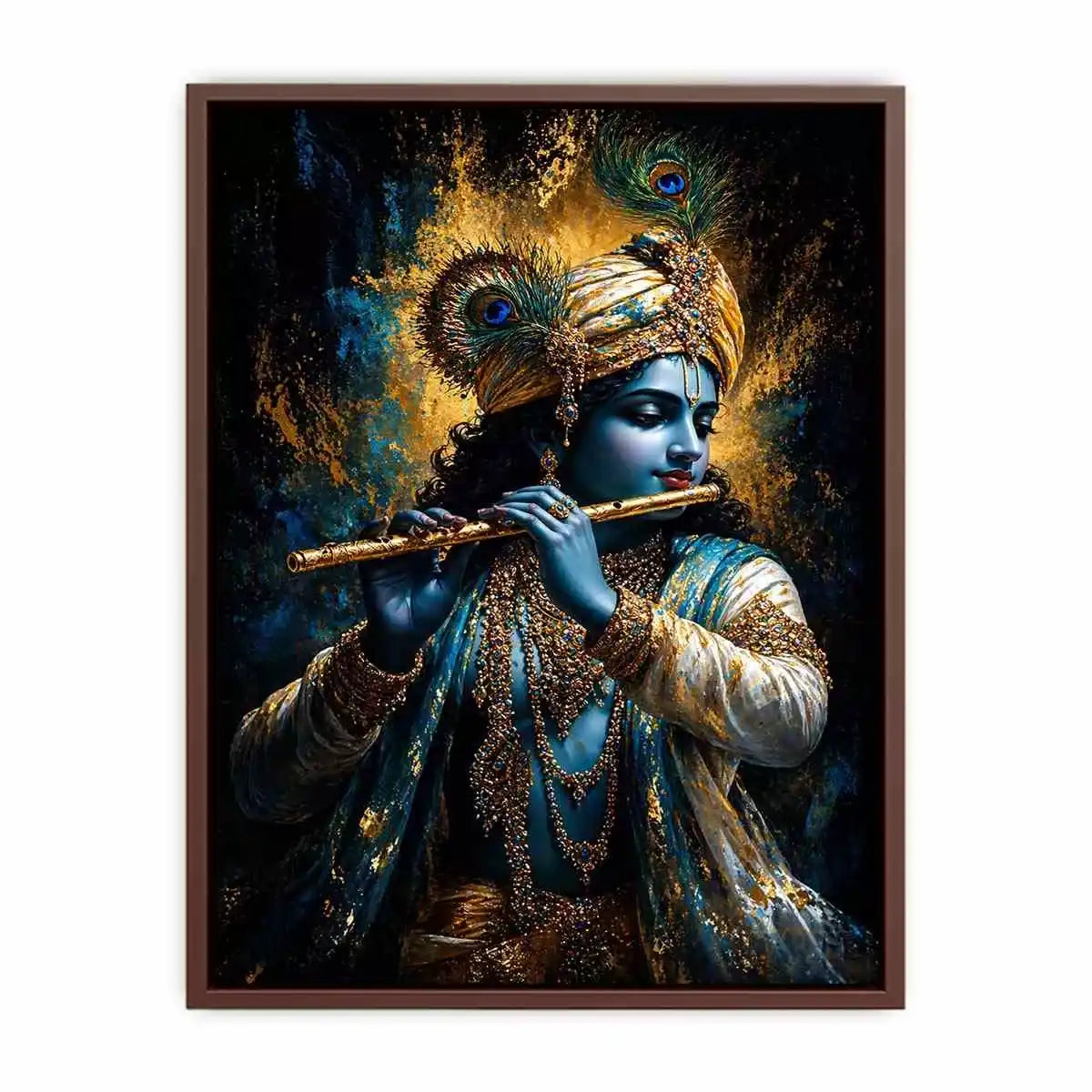 Classic Krishna Flute Portrait with Golden Ornament Detail – Spiritual Canvas Print Canvas