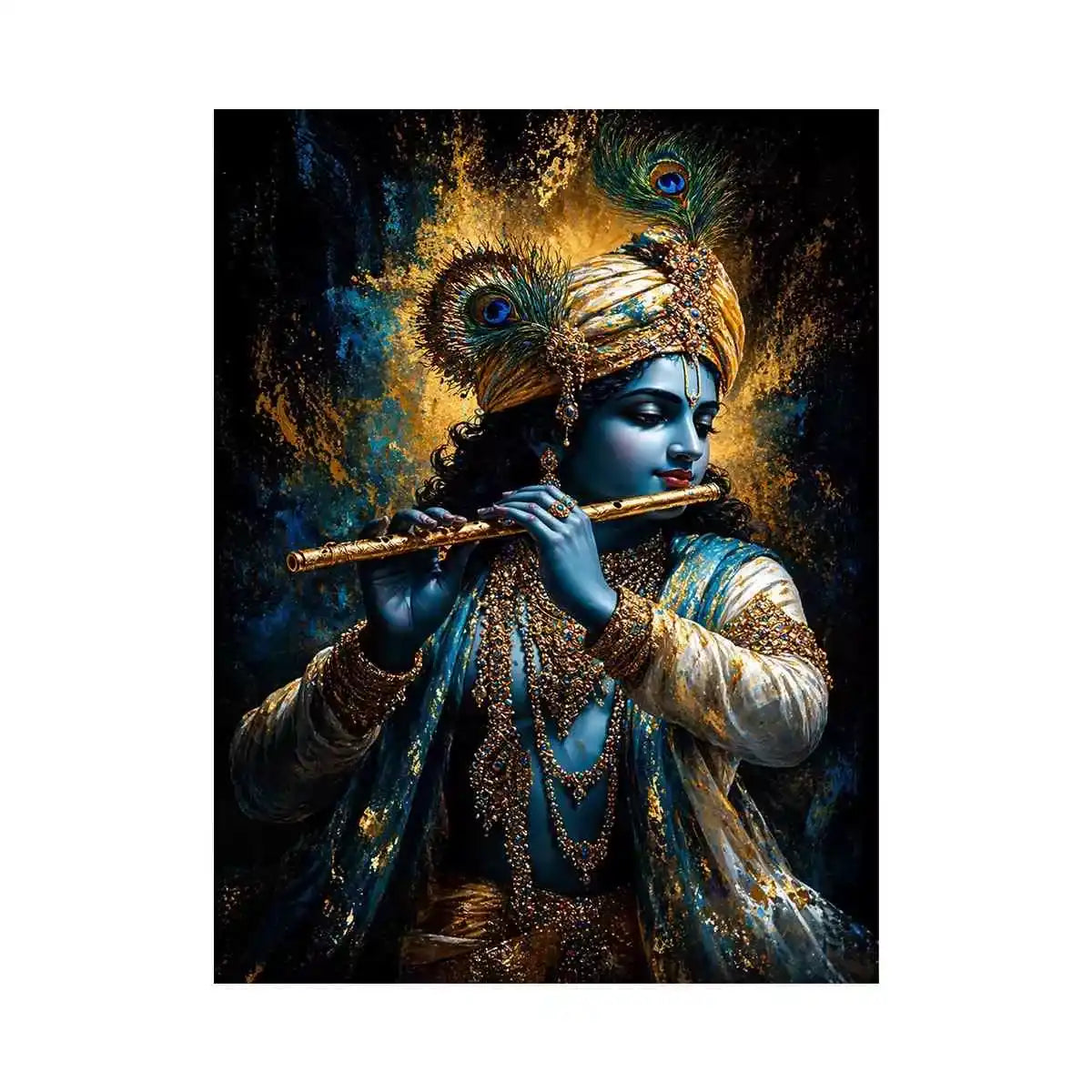 Classic Krishna Flute Portrait with Golden Ornament Detail – Spiritual Canvas Print Canvas