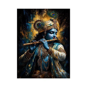 Classic Krishna Flute Portrait with Golden Ornament Detail – Spiritual Canvas Print Canvas