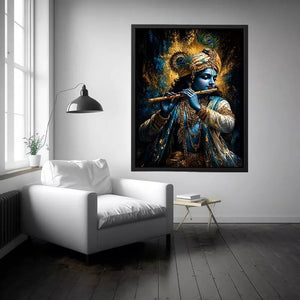 Classic Krishna Flute Portrait with Golden Ornament Detail – Spiritual Canvas Print Canvas