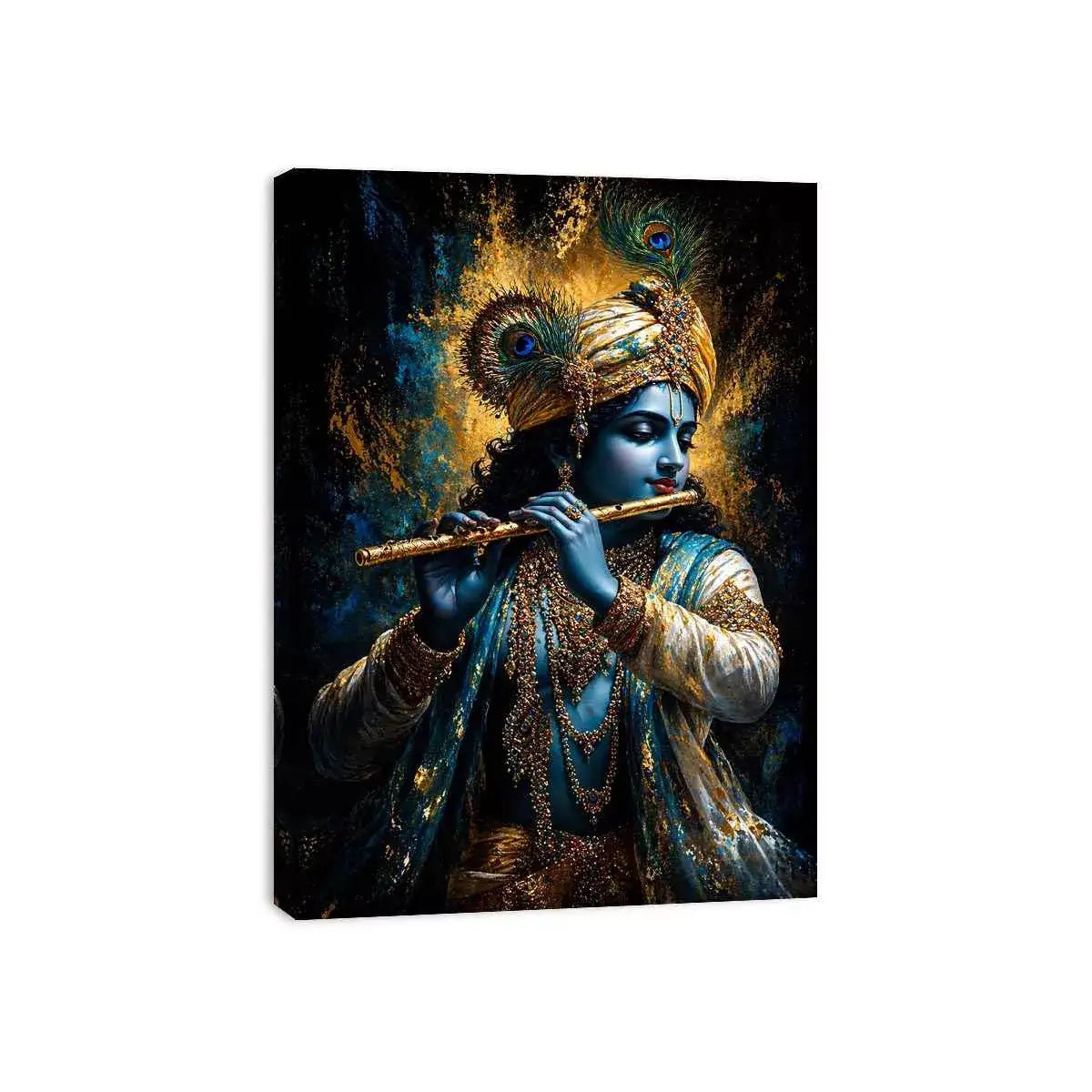 Classic Krishna Flute Portrait with Golden Ornament Detail – Spiritual Canvas Print Canvas