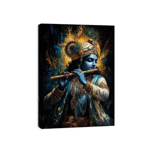 Classic Krishna Flute Portrait with Golden Ornament Detail – Spiritual Canvas Print Canvas