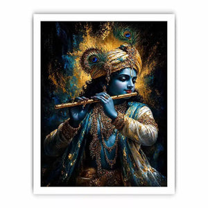 Classic Krishna Flute Portrait with Golden Ornament Detail – Spiritual Canvas Print Canvas