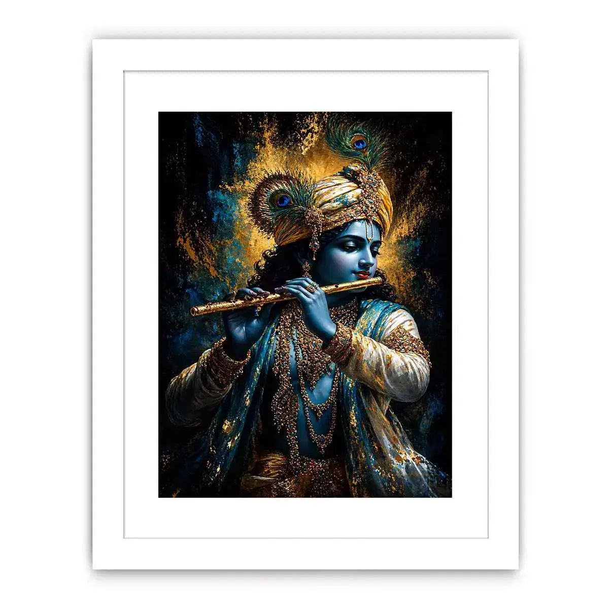 Classic Krishna Flute Portrait with Golden Ornament Detail – Spiritual Canvas Print Canvas
