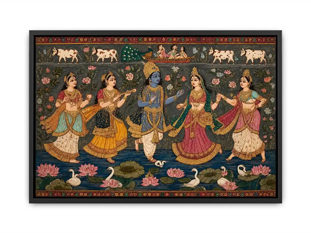 Indian miniature Krishna Raas Leela painting with gopis dancing, lotus pond, traditional spiritual Canvas Print canvas