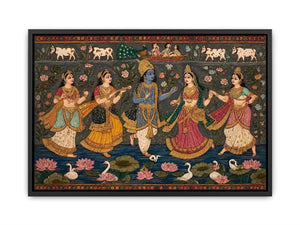 Indian miniature Krishna Raas Leela painting with gopis dancing, lotus pond, traditional spiritual Canvas Print canvas