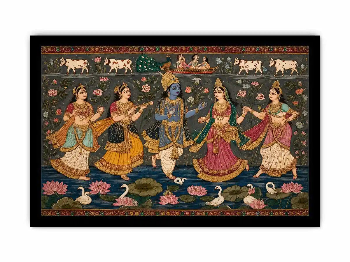 Indian miniature Krishna Raas Leela painting with gopis dancing, lotus pond, traditional spiritual Canvas Print canvas