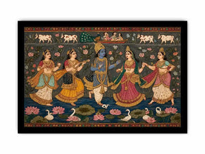 Indian miniature Krishna Raas Leela painting with gopis dancing, lotus pond, traditional spiritual Canvas Print canvas