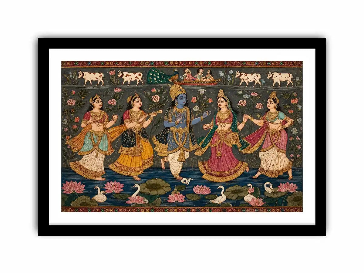 Indian miniature Krishna Raas Leela painting with gopis dancing, lotus pond, traditional spiritual Canvas Print canvas