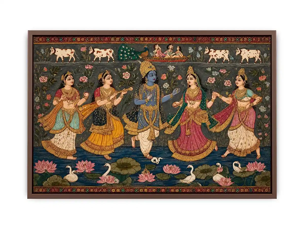 Indian miniature Krishna Raas Leela painting with gopis dancing, lotus pond, traditional spiritual Canvas Print canvas