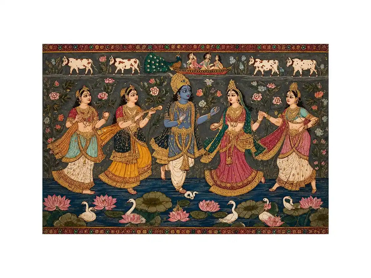 Indian miniature Krishna Raas Leela painting with gopis dancing, lotus pond, traditional spiritual Canvas Print canvas