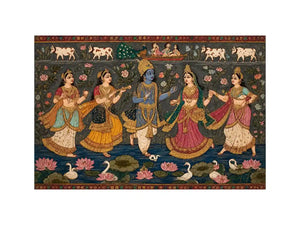 Indian miniature Krishna Raas Leela painting with gopis dancing, lotus pond, traditional spiritual Canvas Print canvas