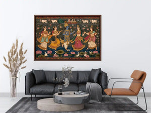 Indian miniature Krishna Raas Leela painting with gopis dancing, lotus pond, traditional spiritual Canvas Print canvas