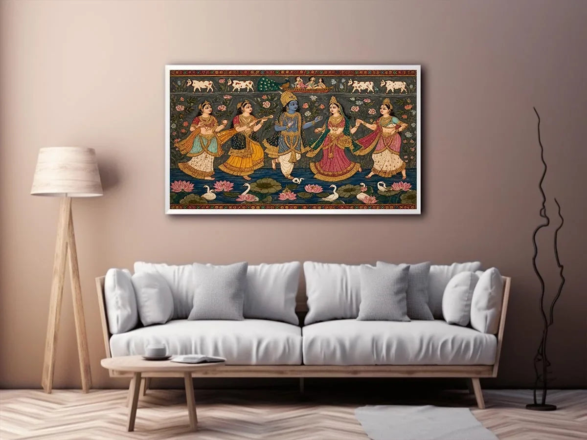 Indian miniature Krishna Raas Leela painting with gopis dancing, lotus pond, traditional spiritual Canvas Print canvas