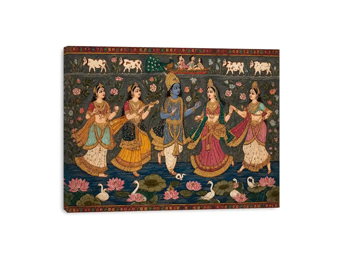 Indian miniature Krishna Raas Leela painting with gopis dancing, lotus pond, traditional spiritual Canvas Print canvas
