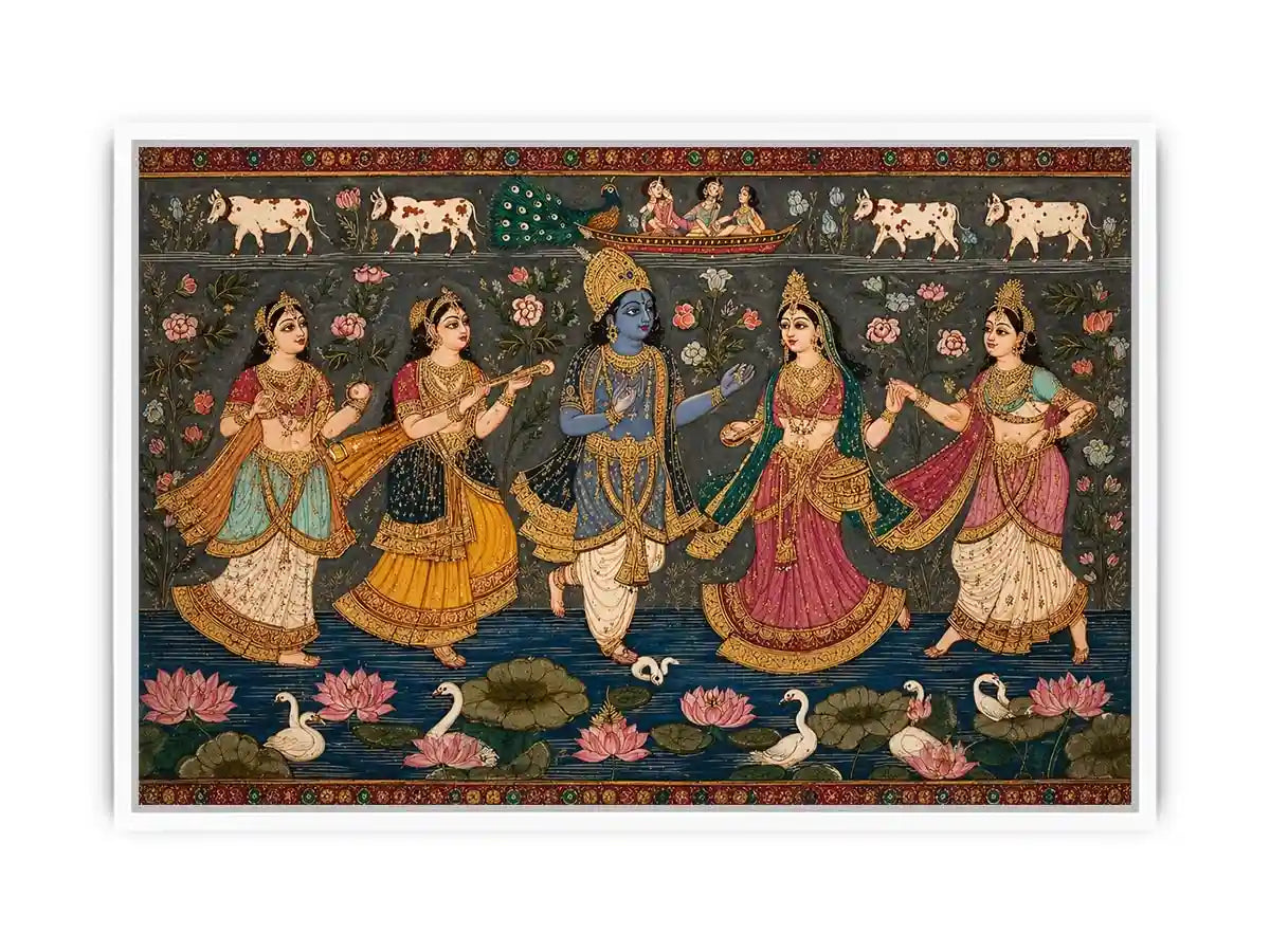 Indian miniature Krishna Raas Leela painting with gopis dancing, lotus pond, traditional spiritual Canvas Print canvas