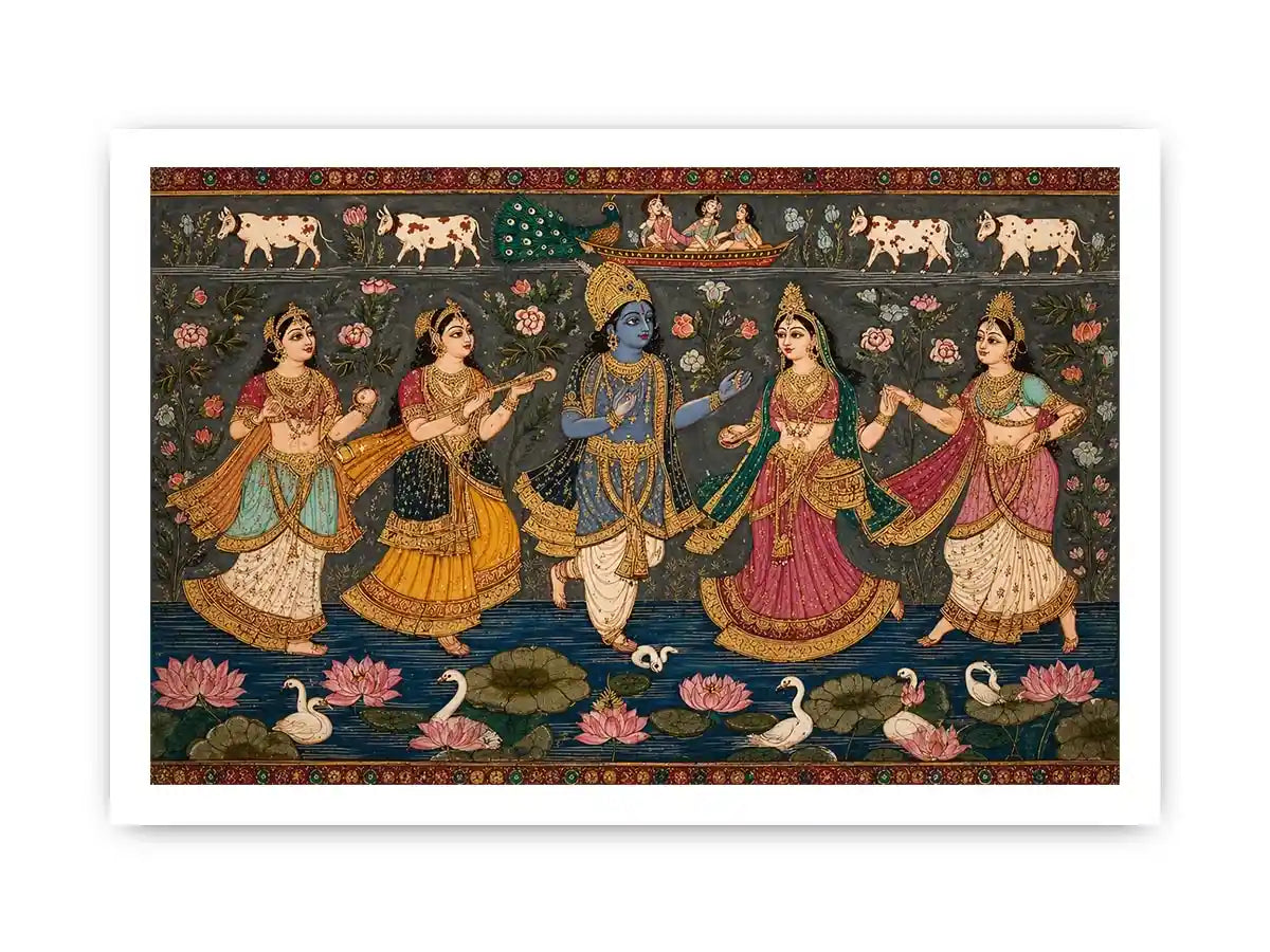 Indian miniature Krishna Raas Leela painting with gopis dancing, lotus pond, traditional spiritual Canvas Print canvas