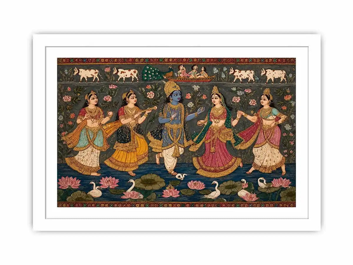 Indian miniature Krishna Raas Leela painting with gopis dancing, lotus pond, traditional spiritual Canvas Print canvas