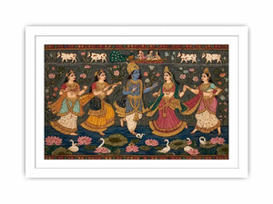 Indian miniature Krishna Raas Leela painting with gopis dancing, lotus pond, traditional spiritual Canvas Print canvas