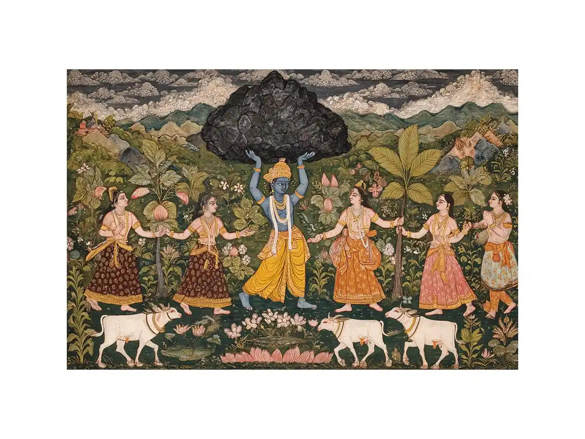 Luxury Krishna Govardhan painting canvas wall art for living room decor USA premium traditional Indian mythology artwork