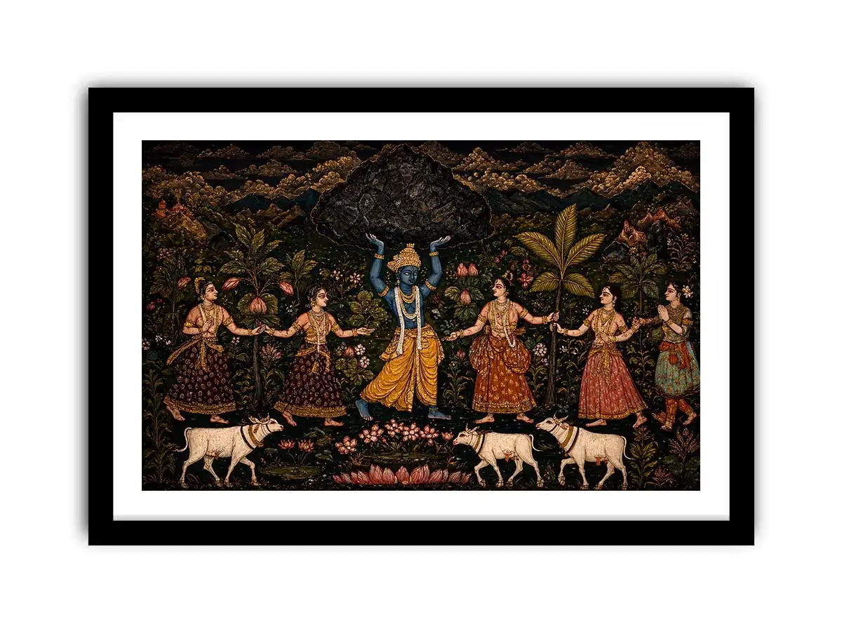 Luxury dark Krishna Govardhan painting canvas Canvas Print