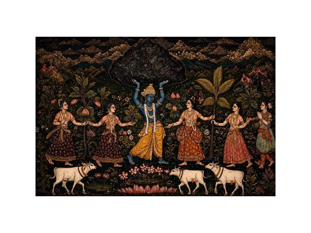 Luxury dark Krishna Govardhan painting canvas Canvas Print