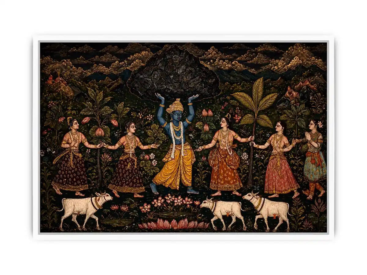 Luxury dark Krishna Govardhan painting canvas Canvas Print