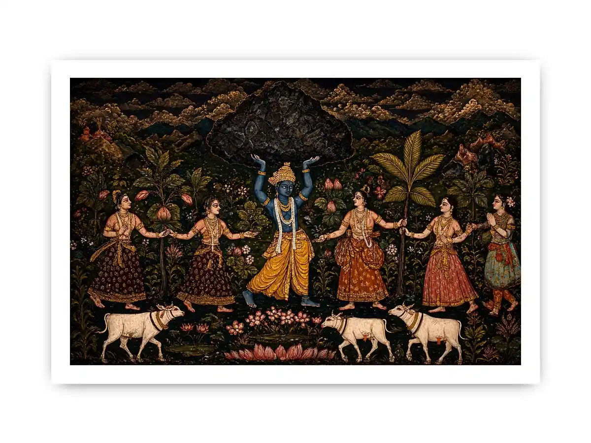 Luxury dark Krishna Govardhan painting canvas Canvas Print