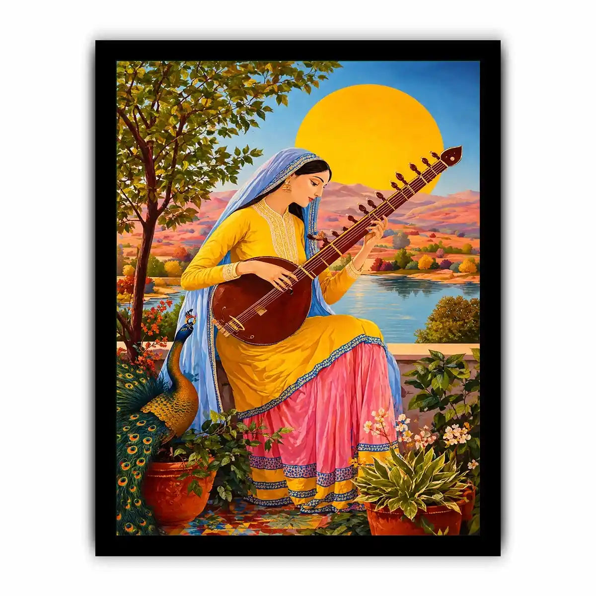 Indian woman playing sitar sunset Canvas Print boho colorful cultural canvas decor