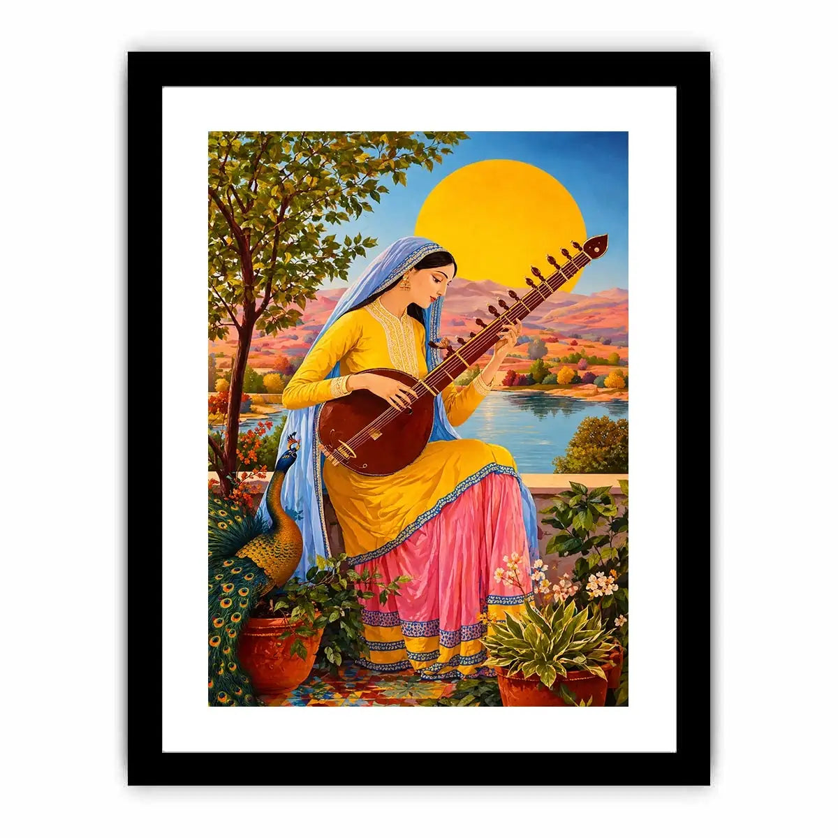 Indian woman playing sitar sunset Canvas Print boho colorful cultural canvas decor