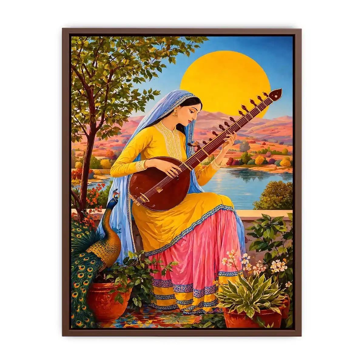 Indian woman playing sitar sunset Canvas Print boho colorful cultural canvas decor