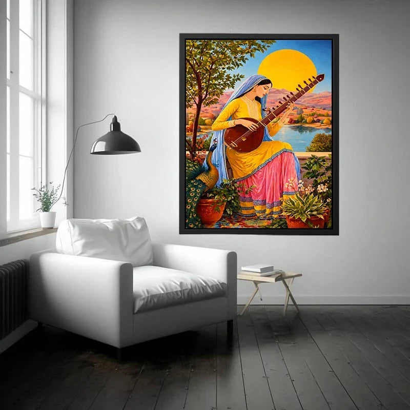 Indian woman playing sitar sunset Canvas Print boho colorful cultural canvas decor