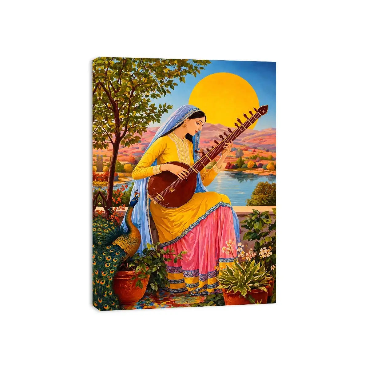 Indian woman playing sitar sunset Canvas Print boho colorful cultural canvas decor
