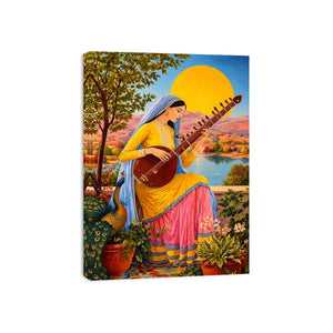 Indian woman playing sitar sunset Canvas Print boho colorful cultural canvas decor