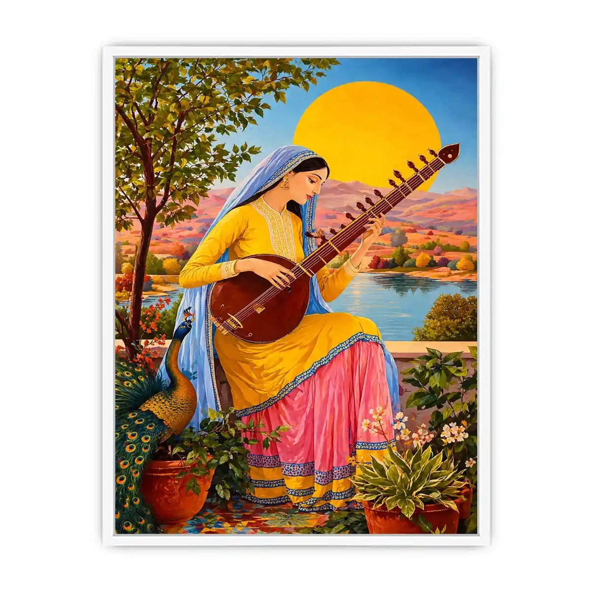 Indian woman playing sitar sunset Canvas Print boho colorful cultural canvas decor
